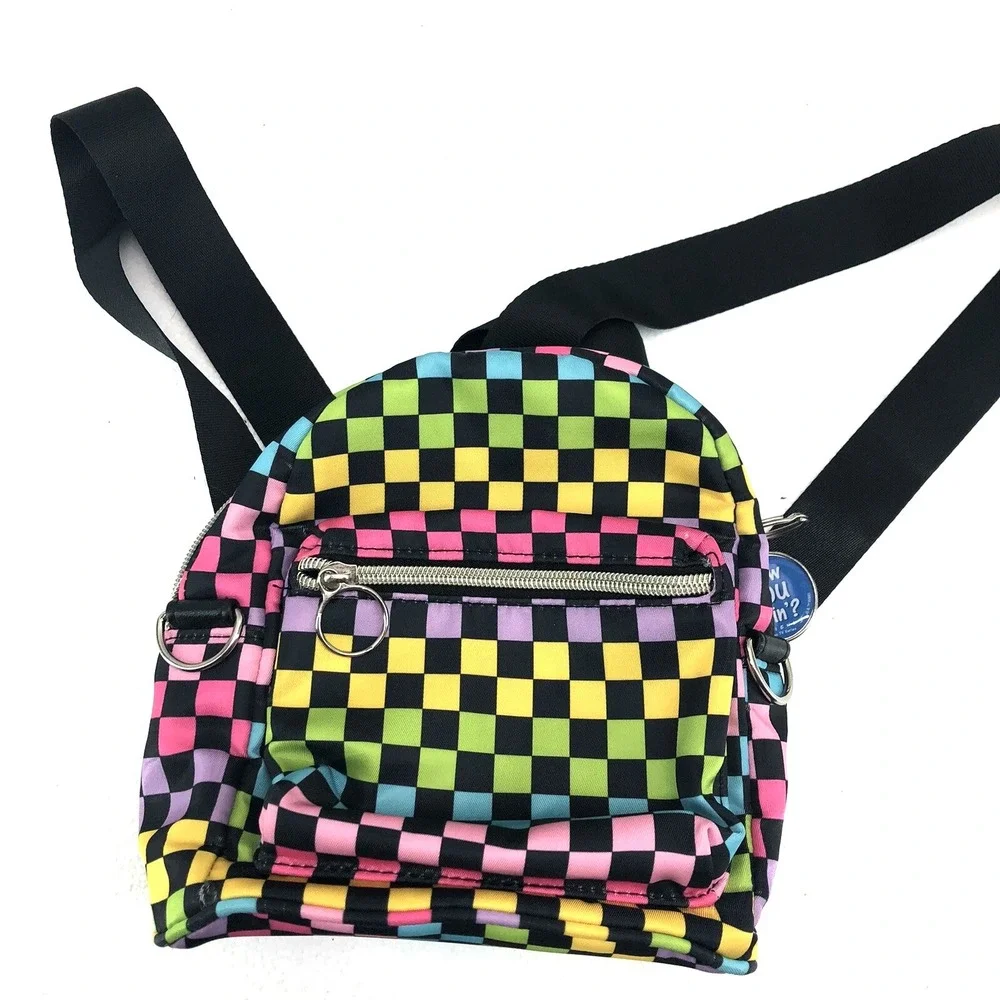 Mini Backpack Checkerboard Pattern Neon Multi‎ Color Nylon poly Blend